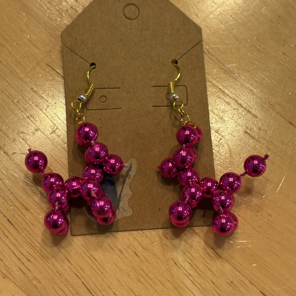 Pink Beaded Balloon Dog Drop Earrings